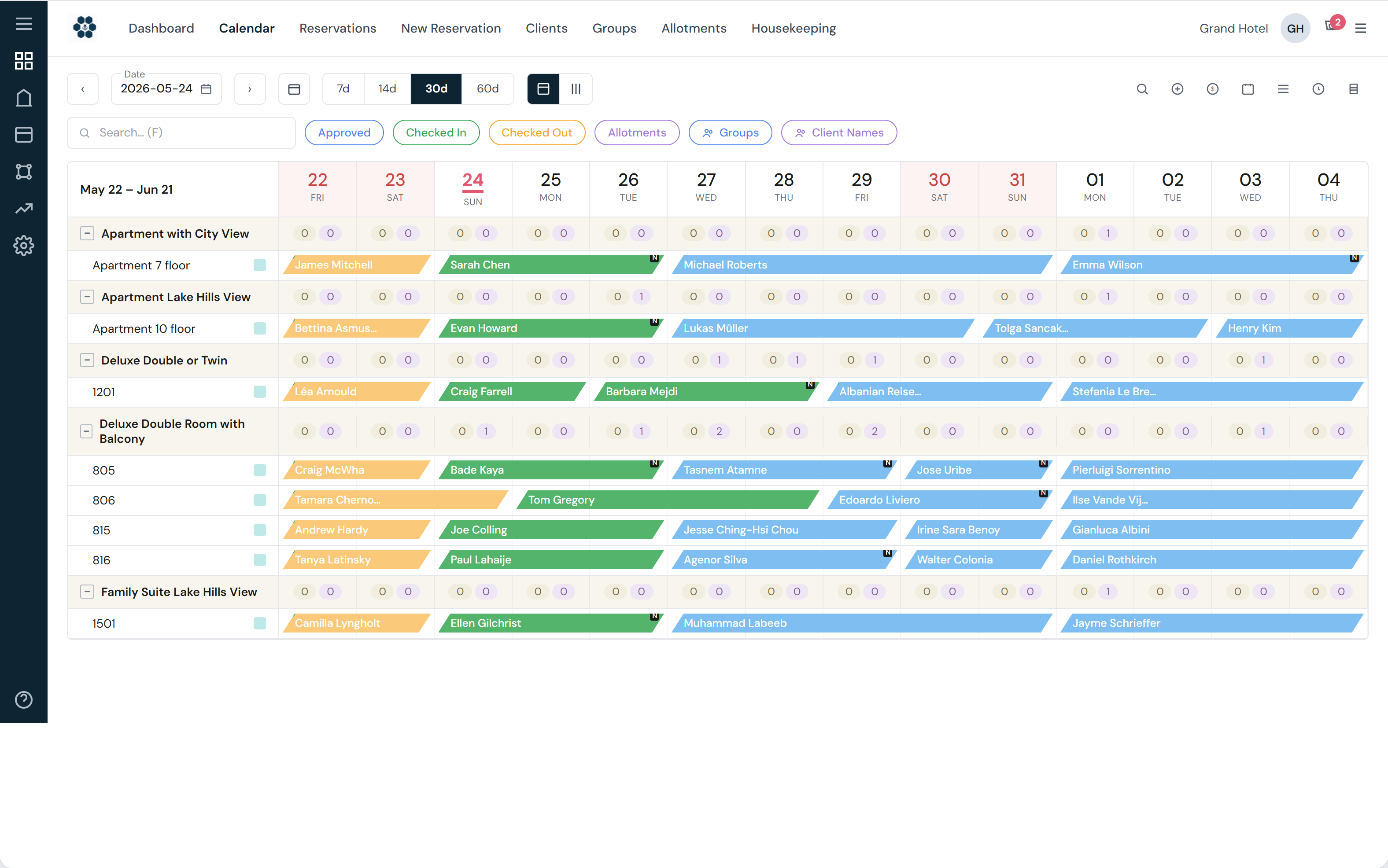 HotelBee PMS reservations calendar with rooms, dates and color-coded bookings