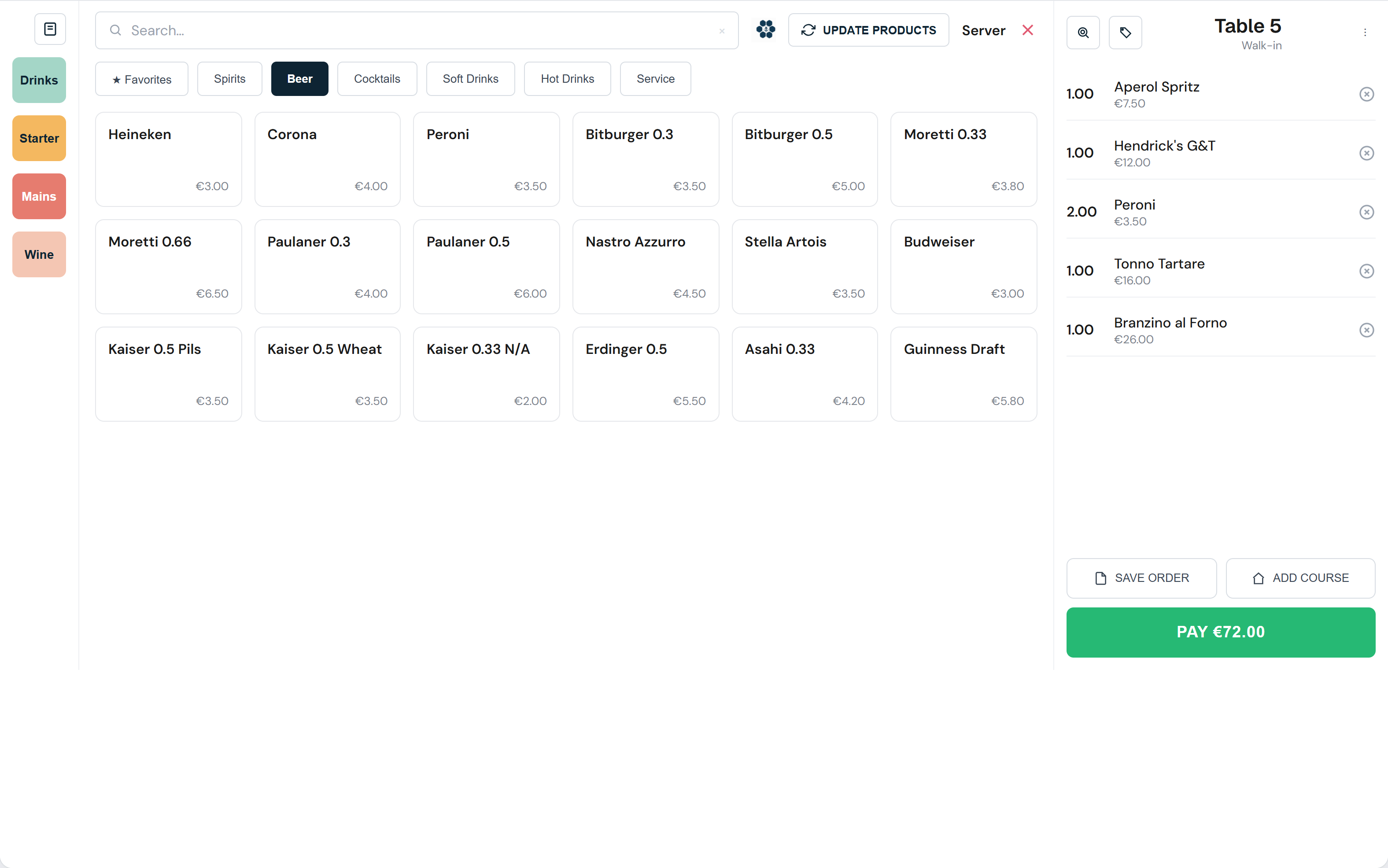 HotelBee POS terminal with order ticket and kitchen display